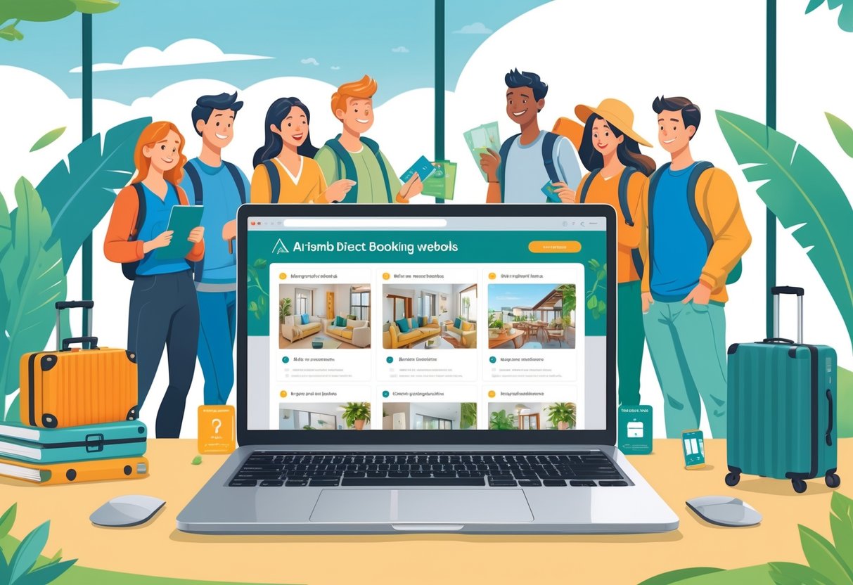 A laptop showing a booking website with property listings, surrounded by icons for payment and reviews, with travelers preparing for trips in the background.