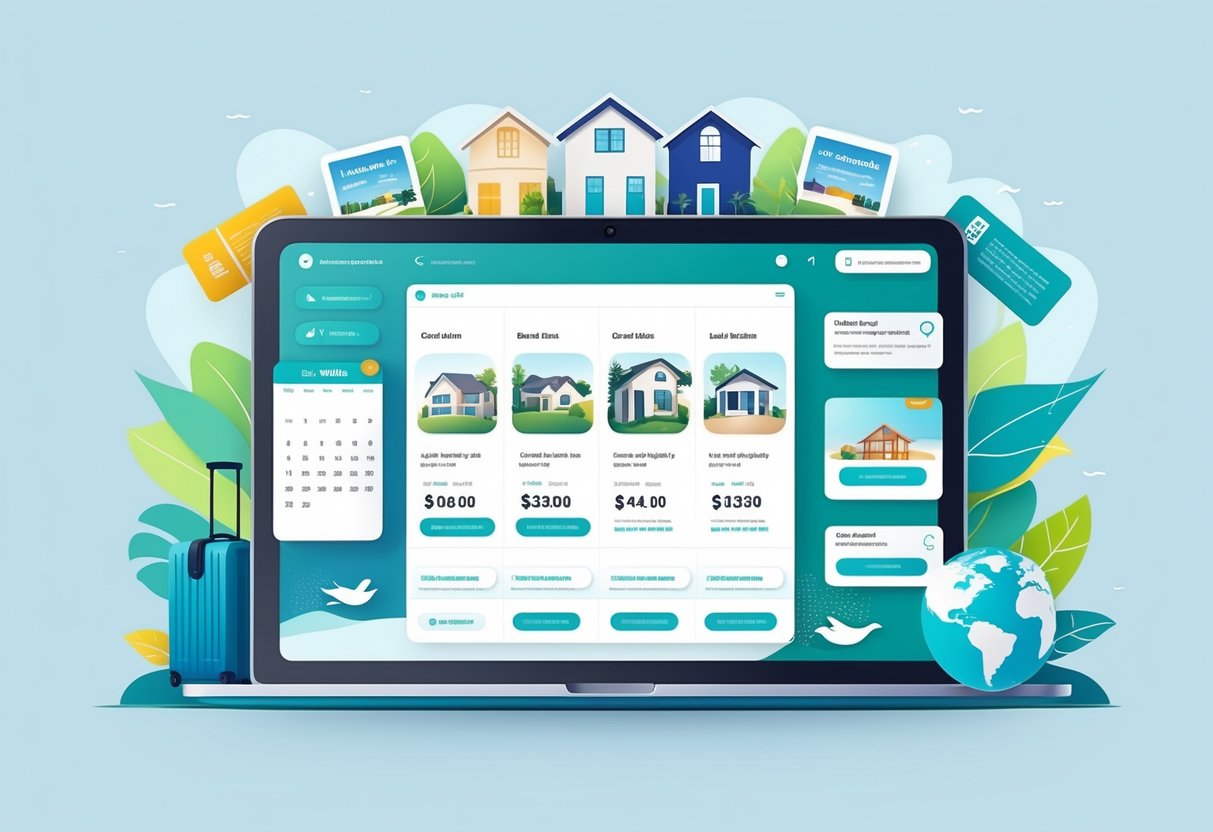 A digital device displaying a vacation rental booking interface surrounded by icons of different vacation homes and travel-related items.
