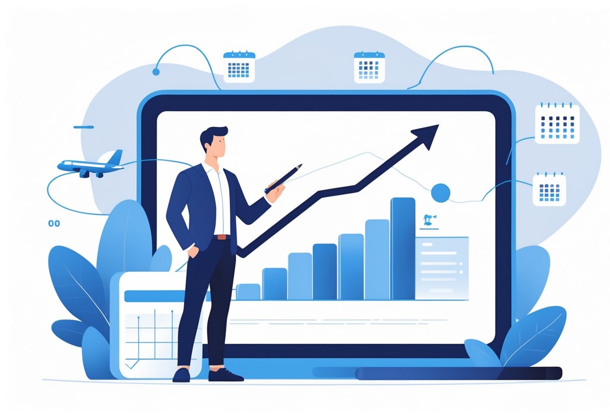 A businessperson pointing at a digital screen showing a downward graph with travel icons around, symbolizing reducing travel booking fees.