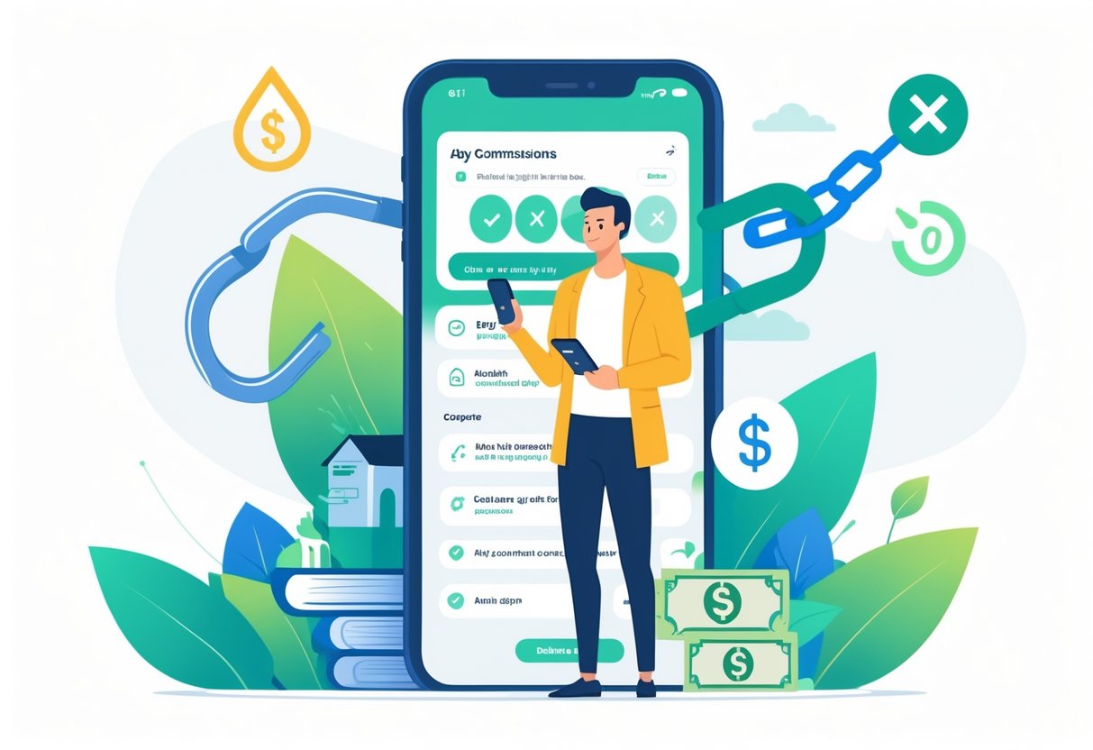 A person holding a smartphone showing a rental booking interface with symbols representing avoiding fees and direct transactions between hosts and guests.