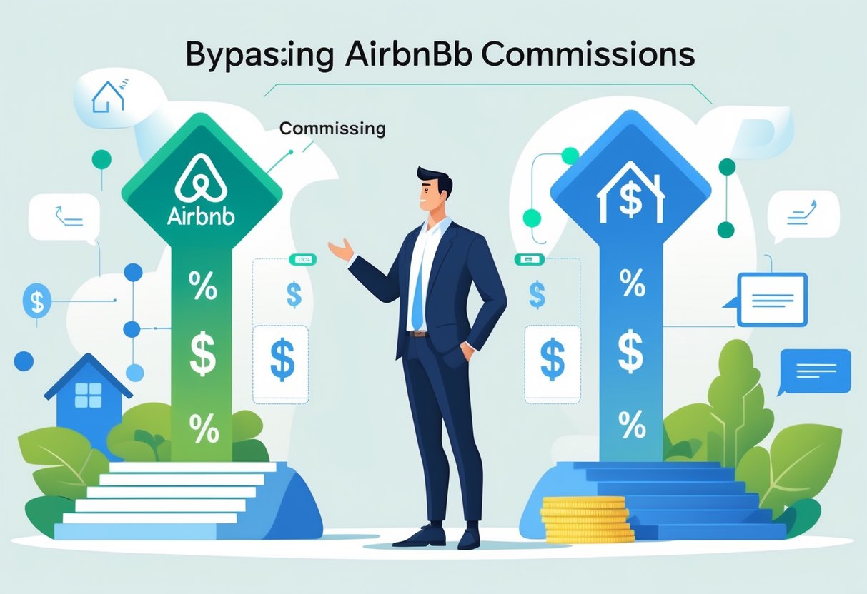 A businessperson choosing between a traditional Airbnb rental with commission fees and a direct rental agreement without fees, symbolized by a handshake and contract.