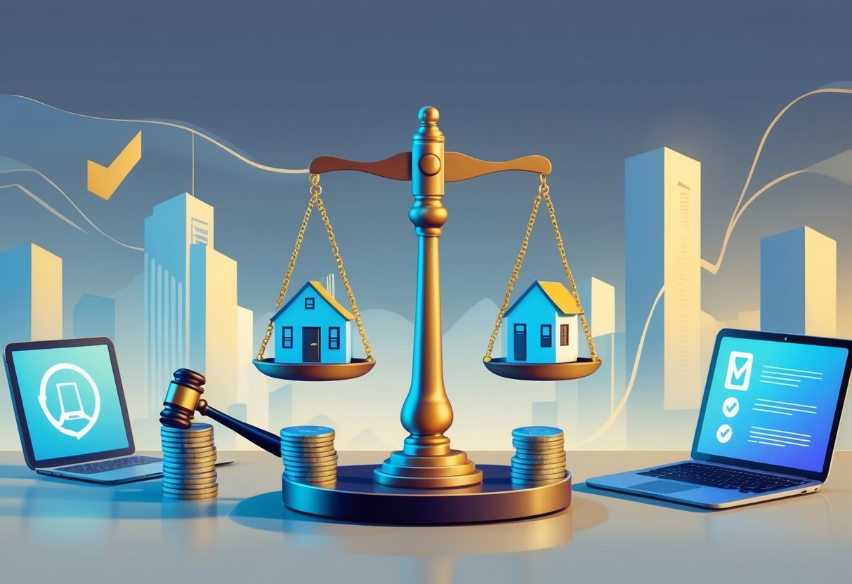 A balanced scale with a small house on one side and coins on the other, surrounded by icons of a gavel, shield, and document, with a city skyline and digital devices in the background.