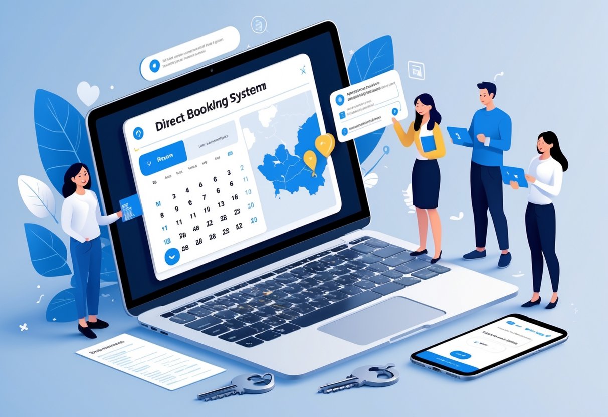 People using a laptop to book rental properties directly, with a calendar, map, and rental icons visible on the screen.