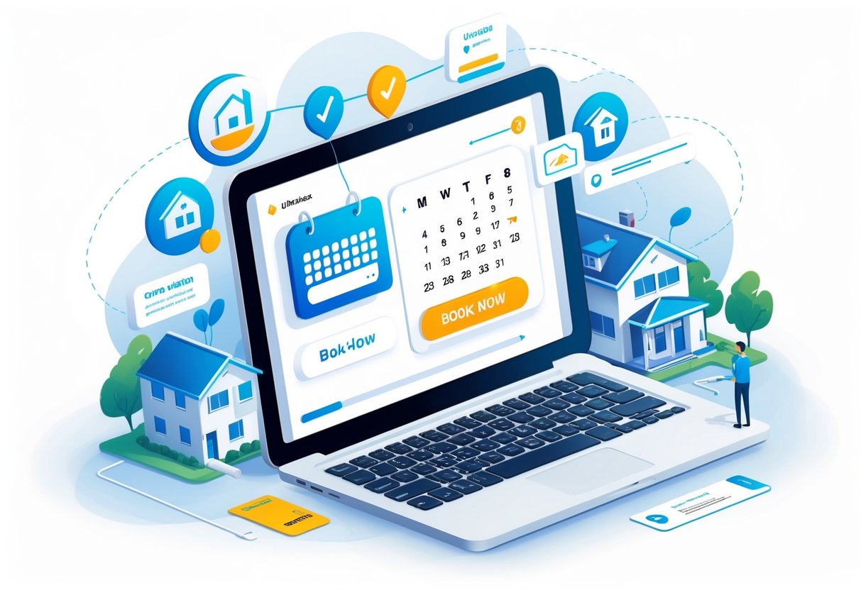 A computer screen showing a booking calendar and rental property icons connected to it, with a smartphone and credit card nearby, representing a direct booking system for rentals.