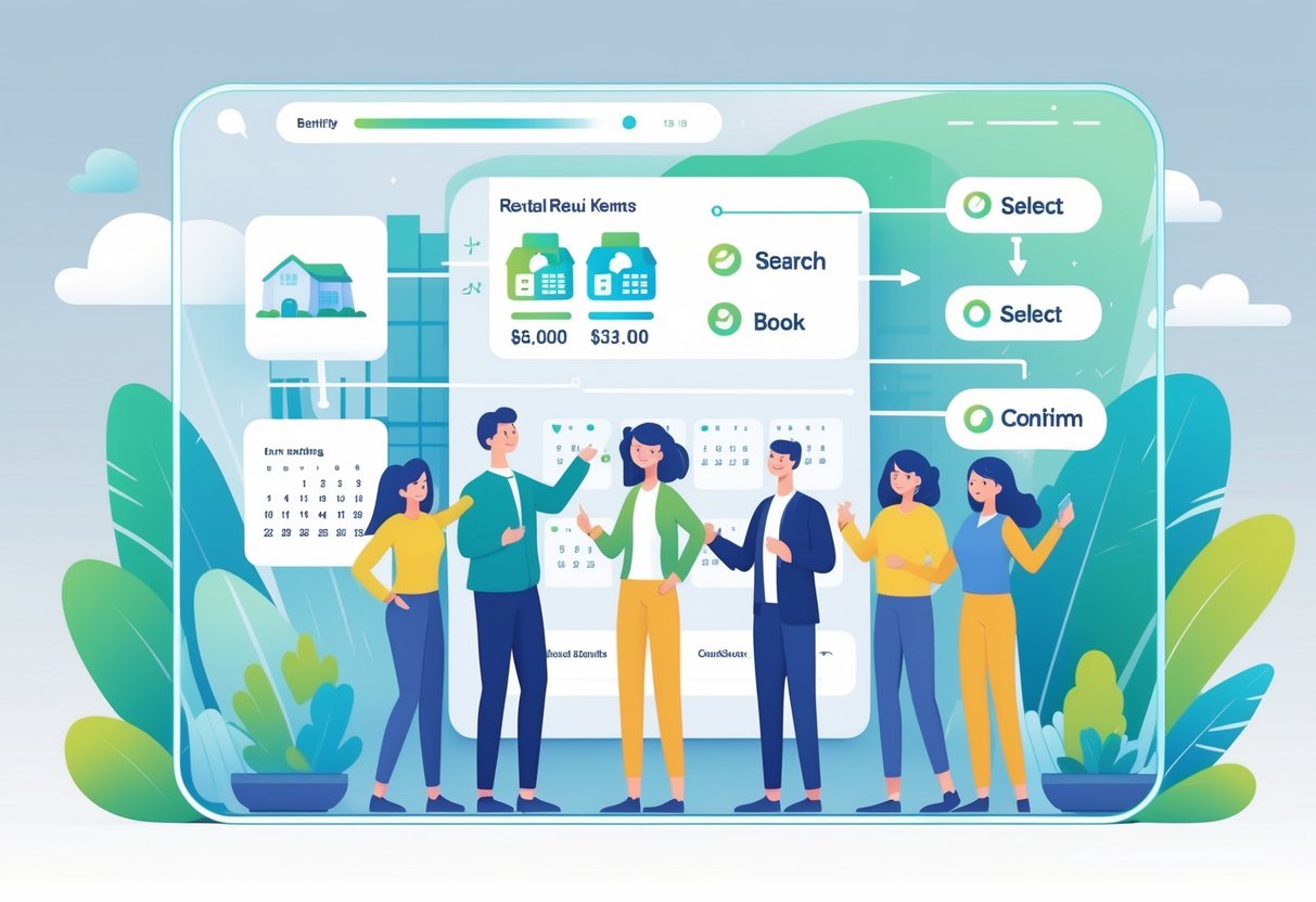 People using a digital booking system on a large screen to book rental homes, showing a smooth and secure process with happy users.