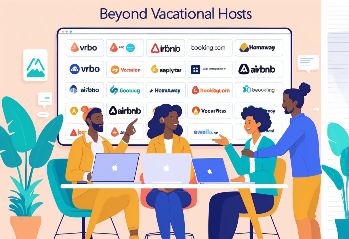 Three vacation rental hosts gathered around a table with laptops and devices, discussing different hosting platforms displayed on a screen behind them.