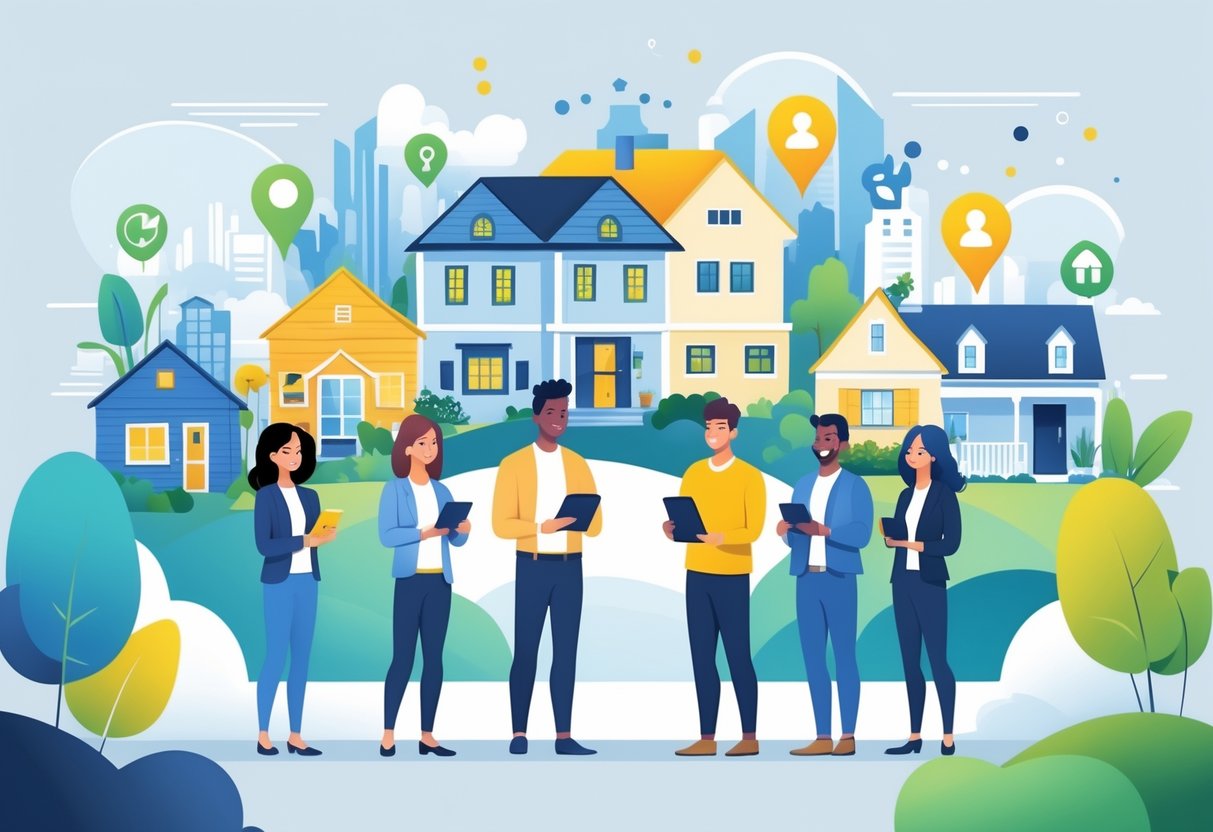 A group of diverse property hosts standing near various types of rental homes including apartments, cottages, tiny houses, and villas, with digital devices and icons representing booking and hospitality services.