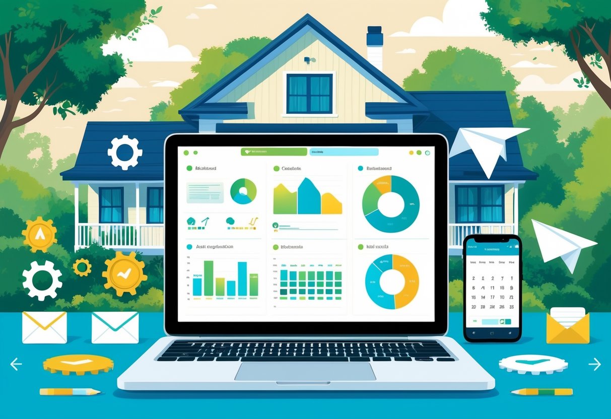A workspace with a laptop showing marketing charts and calendars, surrounded by automation icons, with a vacation rental home visible through a window in the background.