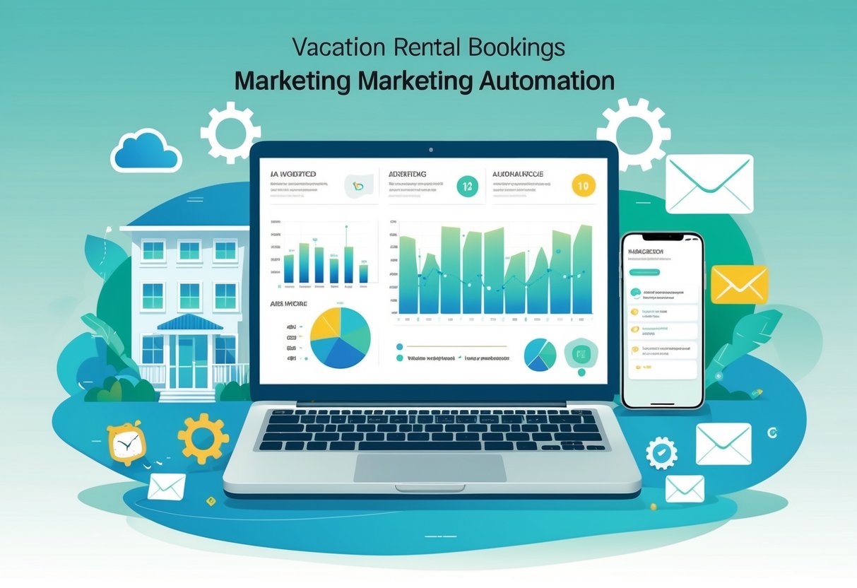 A workspace with a laptop showing marketing graphs, surrounded by icons representing automation and a vacation rental house in the background.