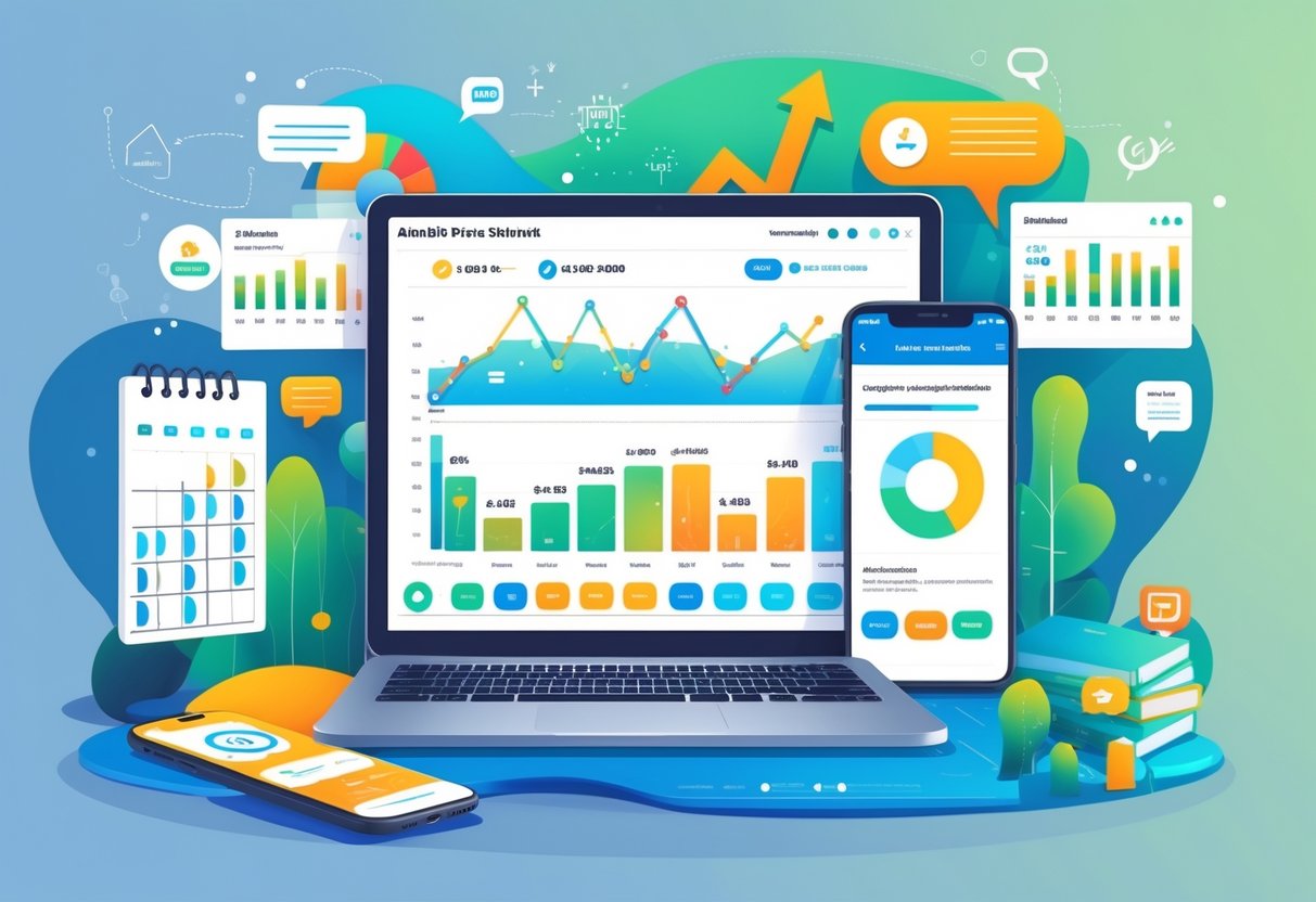 A workspace with a laptop showing pricing graphs, a calendar with booking dates, a smartphone with notifications, and icons for communication, set against a cozy room background.