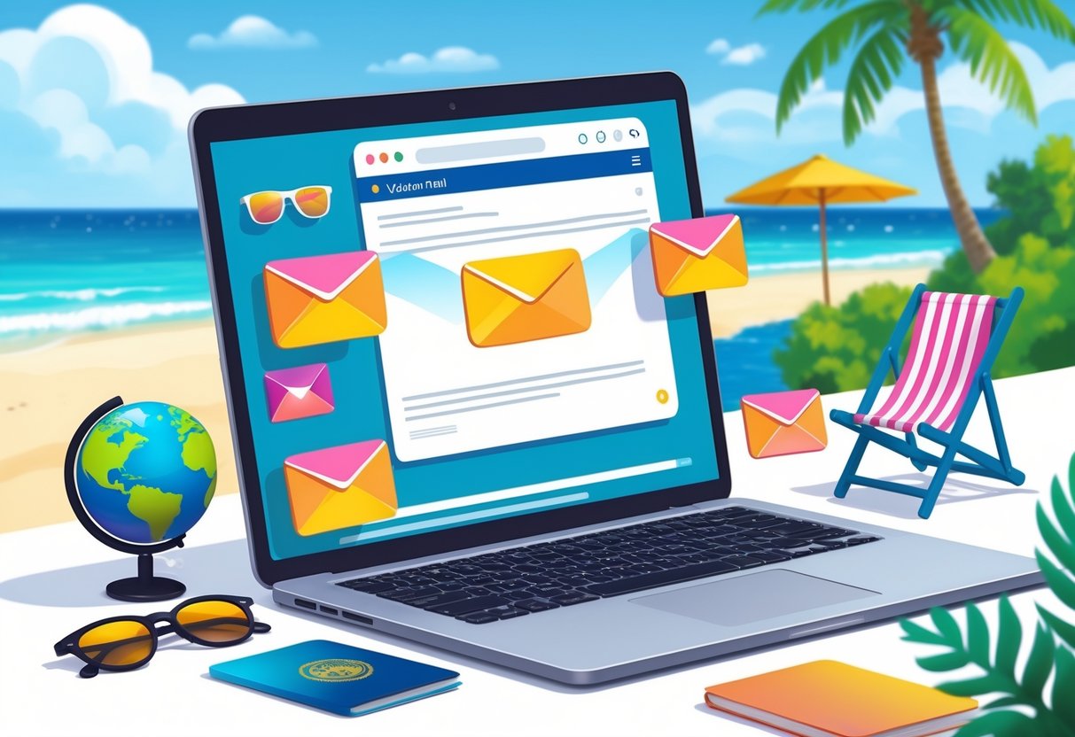 A workspace with a laptop showing vacation rental emails, surrounded by travel items like a globe and sunglasses, with a sunny beach visible through a window.