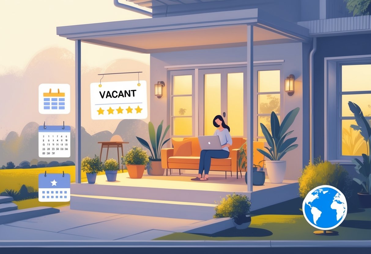 A modern Airbnb rental with inviting outdoor seating, a person using a laptop and smartphone nearby, and icons representing booking calendar, star ratings, photography, and global online promotion.