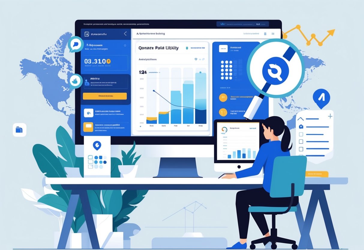 A person working at a desk with a computer displaying an Airbnb listing, surrounded by icons representing promotion and optimization strategies.