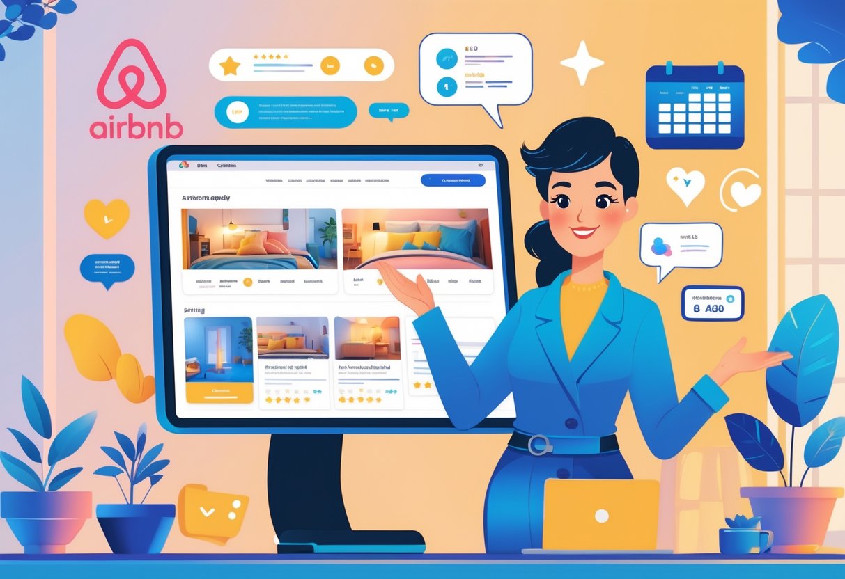 A host standing next to a large screen showing an Airbnb profile with photos, star ratings, and reviews, surrounded by icons representing promotion and guest engagement.