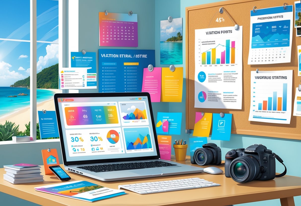 A workspace with a laptop, marketing materials, a camera, and a smartphone showing vacation rental promotions, with a calendar and notes on the wall and a window view of a beach.