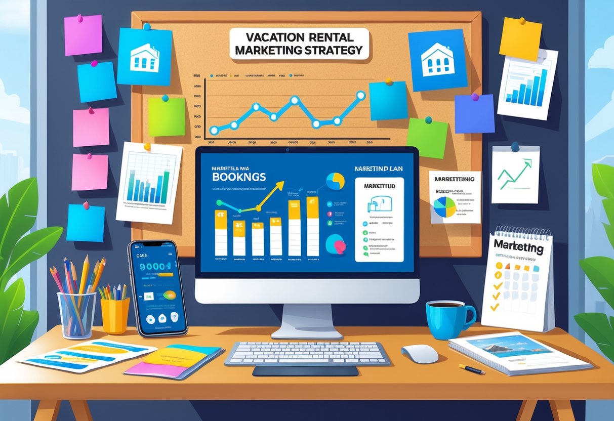 A workspace with a laptop showing marketing graphs, sticky notes on a corkboard, brochures of vacation homes, a smartphone with notifications, a calendar, and a checklist on a desk.