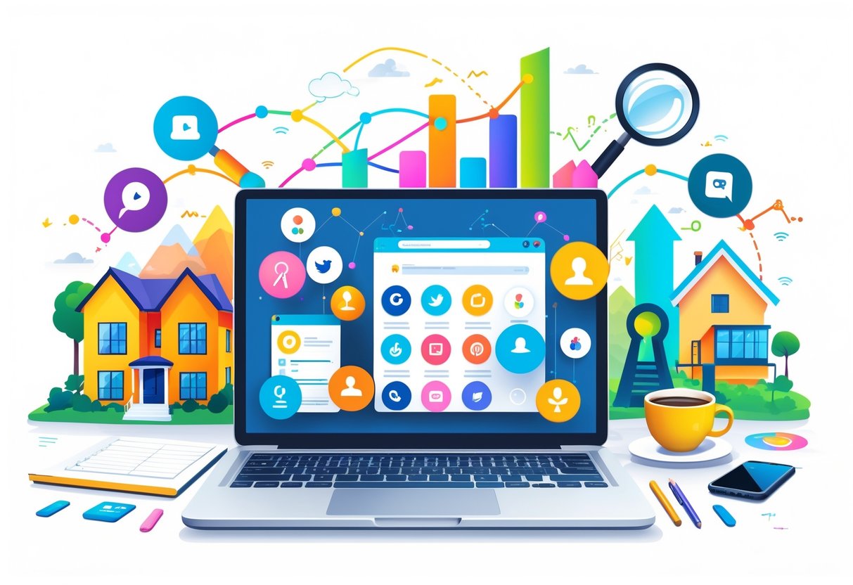 A laptop surrounded by different vacation rental properties connected by colorful lines, with marketing icons and graphs around, set on a bright workspace.