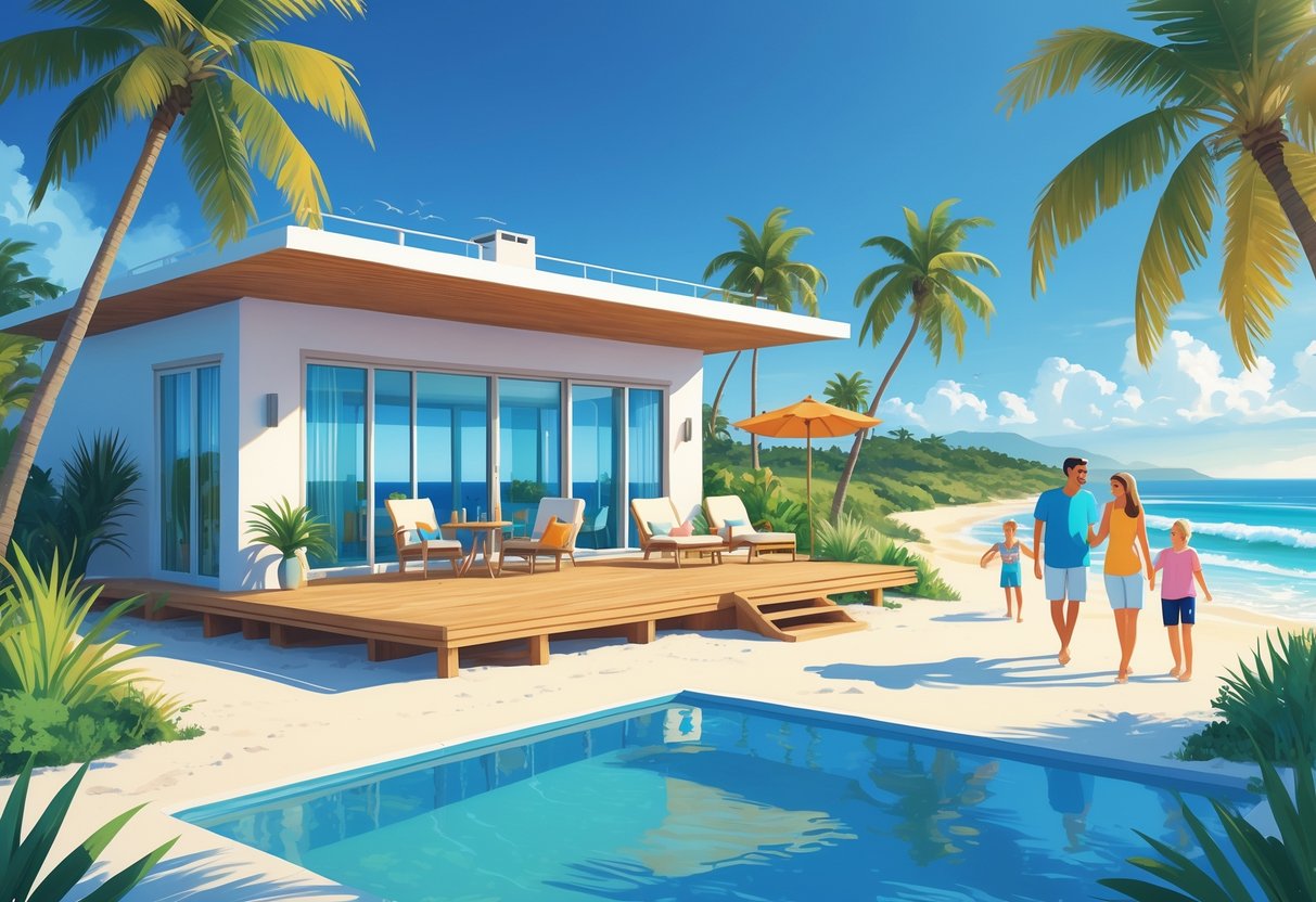 A beach house with a pool surrounded by palm trees and people enjoying a sunny day at the vacation rental near the ocean.