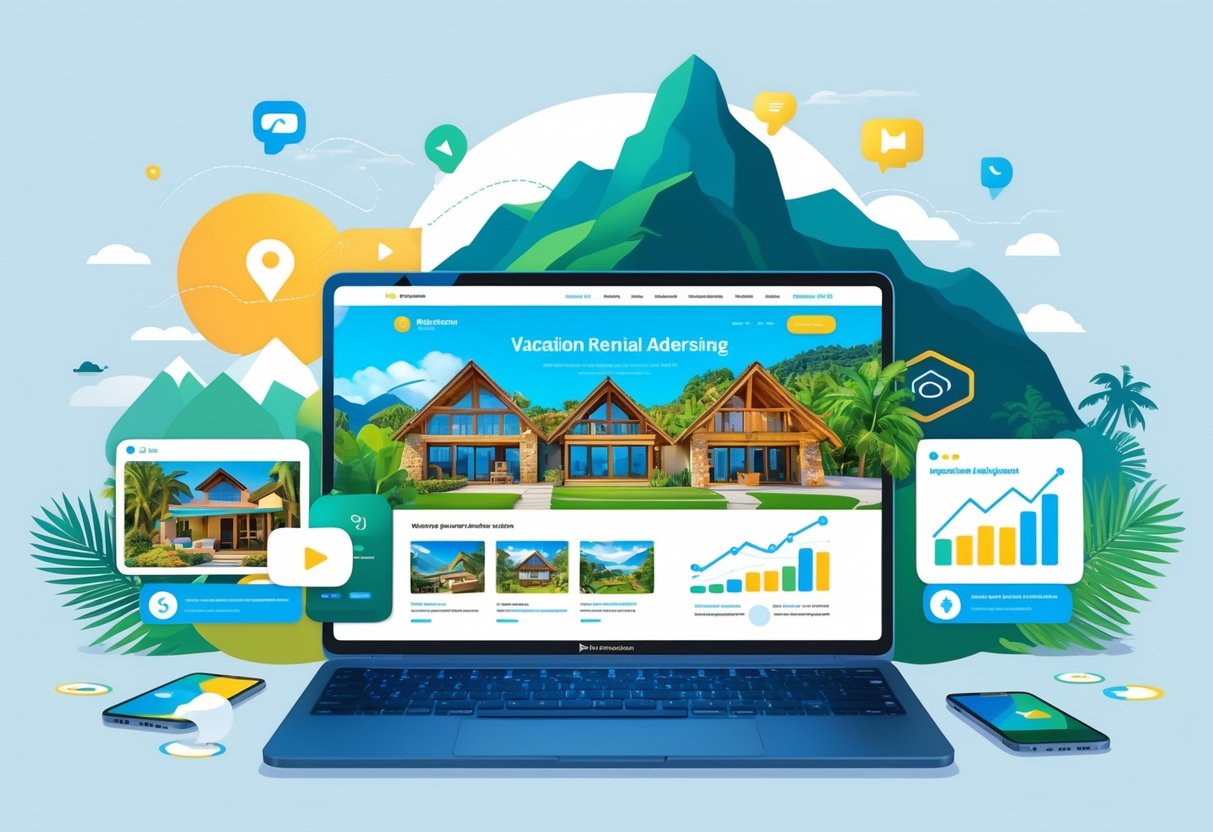 A digital workspace with a laptop showing vacation rental listings, surrounded by marketing icons and graphs, with background images of various vacation destinations.