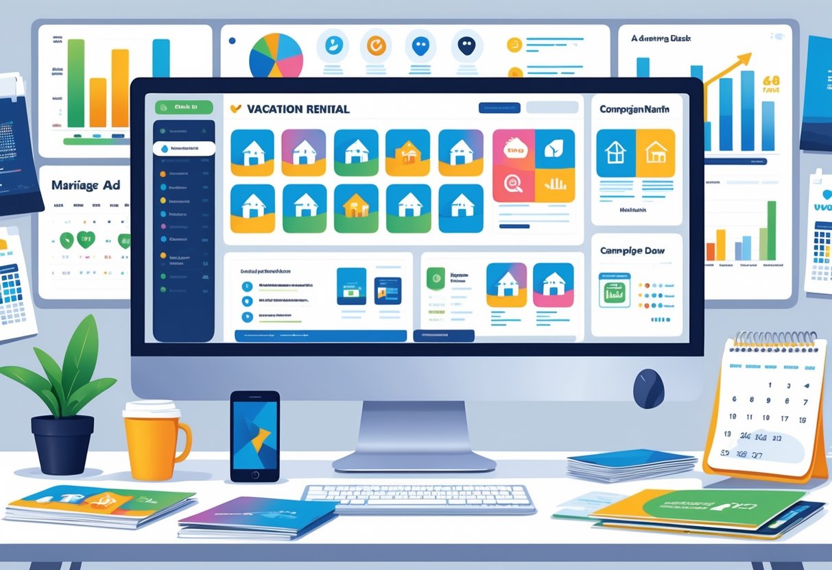 A workspace with a computer showing vacation rental platform icons, marketing materials, and charts on a whiteboard.