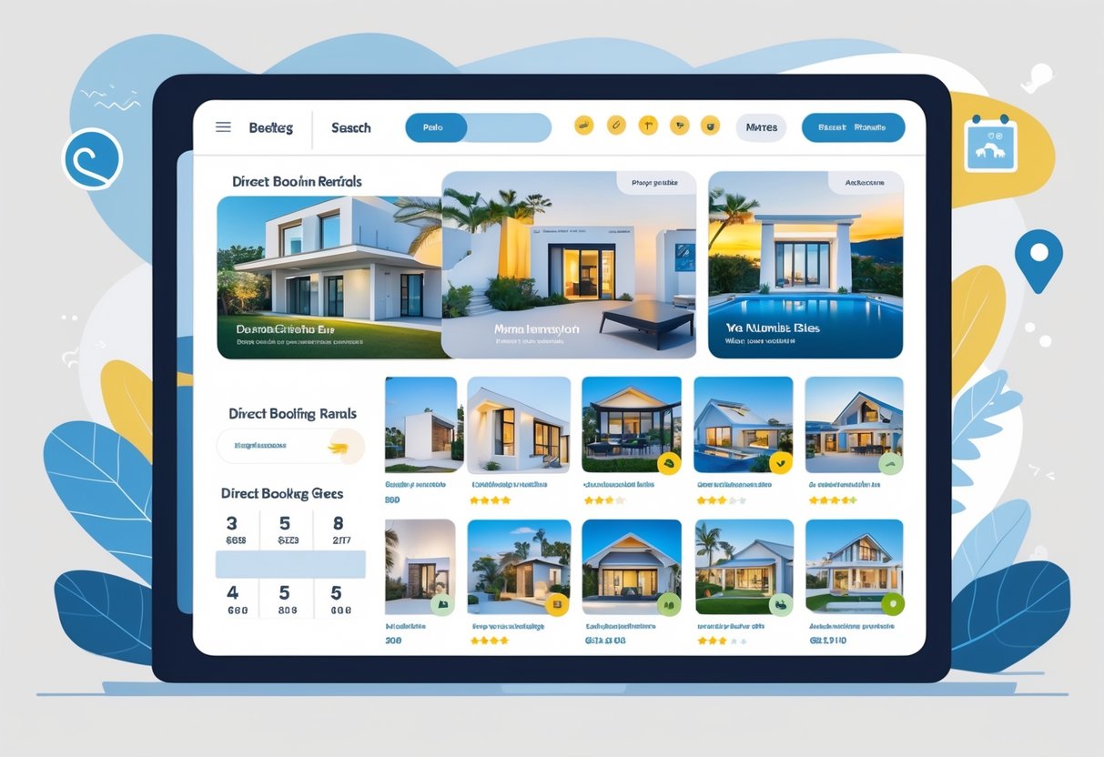 A clean website interface showing a search bar, filters, and a grid of vacation rental properties with images and ratings for direct booking.