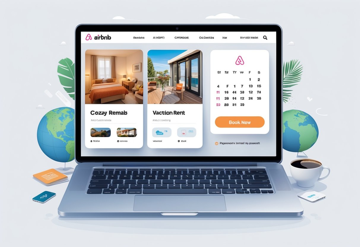 A laptop displaying a vacation rental booking website with images of homes and booking options, surrounded by travel-related items.