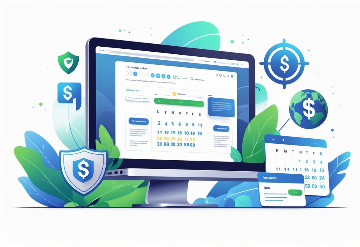 A laptop showing a vacation rental booking interface surrounded by icons representing security, cost savings, direct communication, global reach, and fast booking, with a vacation home in the background.