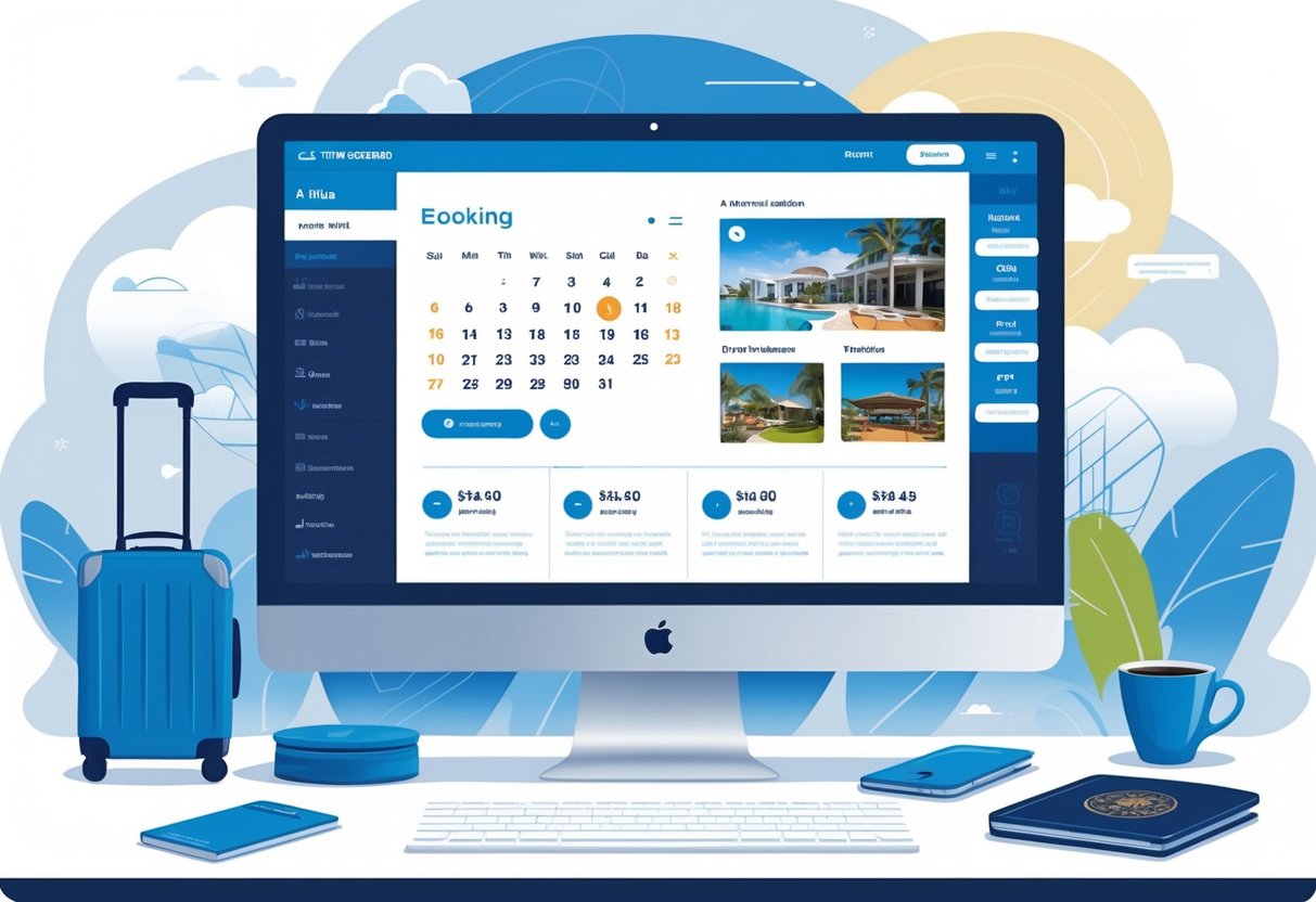 A desktop computer displaying a direct booking website with a calendar, accommodation options, and call-to-action buttons on a desk with travel-related items nearby.