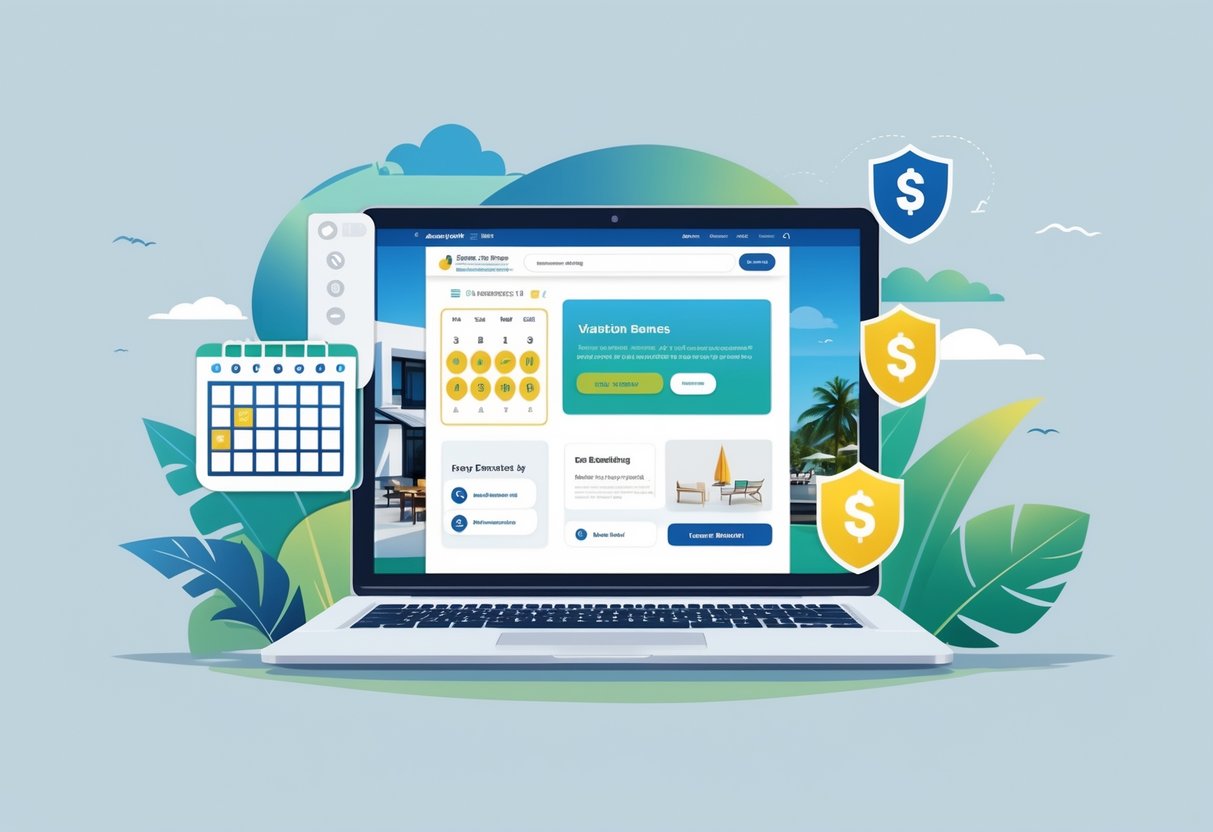 A computer screen showing a vacation rental booking website surrounded by icons representing easy booking, security, cost savings, and direct communication, with vacation-themed elements like a beach umbrella and a vacation home in the background.