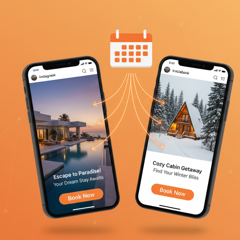 two mobile phones with social media profiles and a calendar connected depicting direct bookings from social media 